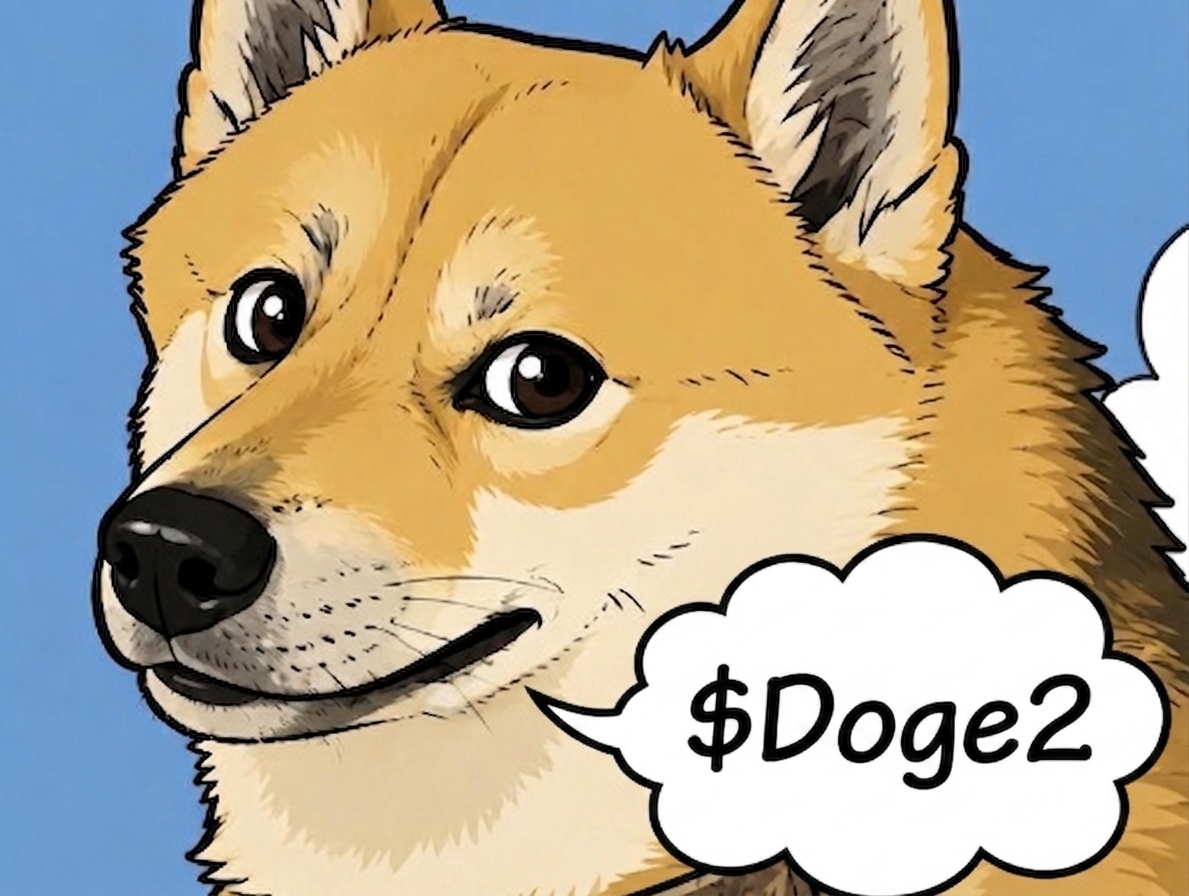 An illustrated Shiba Inu with a DOGE2 speech bubble
