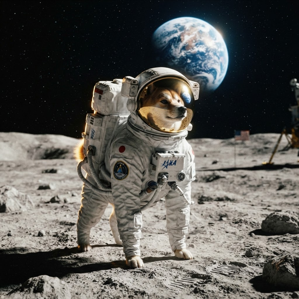 A Shiba Inu astronaut standing on the moon