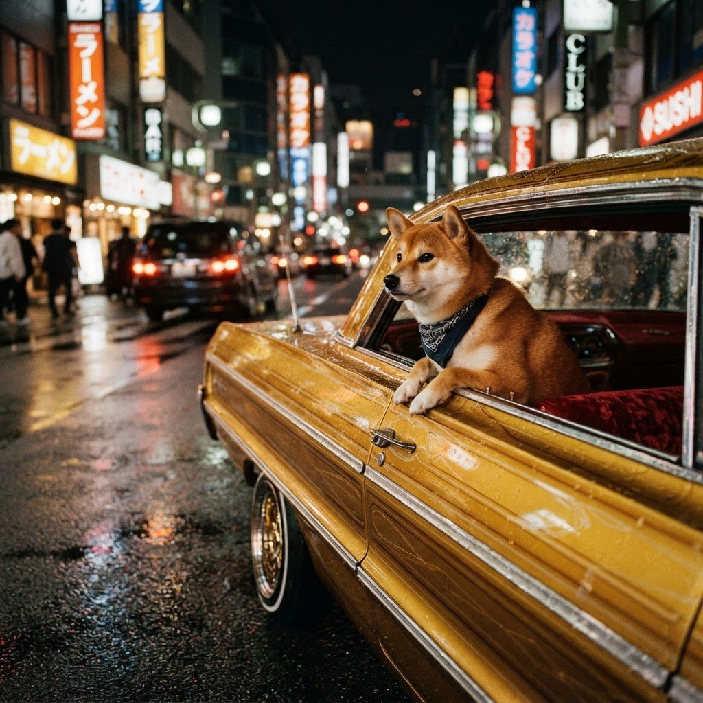 A Shiba Inu leaning out of a golden lowrider at night
