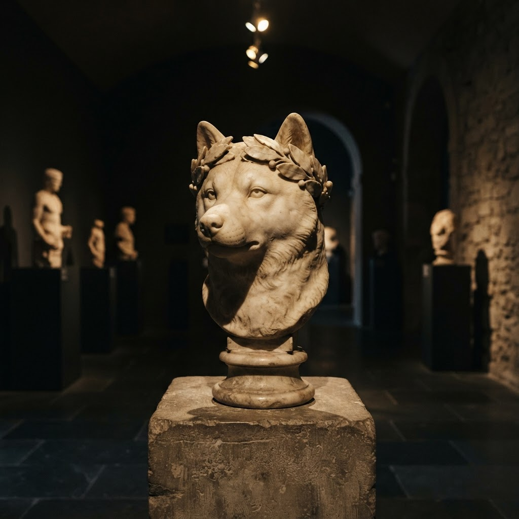 A marble bust of a Shiba Inu wearing a laurel wreath