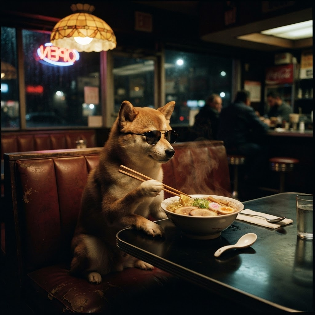 A Shiba Inu in sunglasses eating ramen in a diner booth