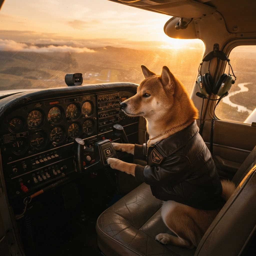 A Shiba Inu wearing a pilot jacket in a plane cockpit